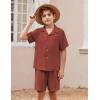 Arshiner Boys 2 Pieces Summer Beach Outfits Short Sleeve Button Down Shirts and Shorts Vacation Texture Sets for Kids(Rust)