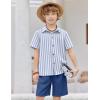 Arshiner Boy’s Summer Beach Outfits Textured Button Down Shirt and Short Sets Casual Vacation Clothes for 5-12 Years(Blue Stripe & Navy)