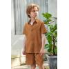 Arshiner Boy’s Summer Beach Outfits Textured Button Down Shirt and Short Sets Casual Vacation Clothes for 5-12 Years(Light Brown)