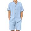 Arshiner Boy’s 2 Piece Beach Outfit Short Sleeve Textured Button Down Shirt and Short Sets Summer Vacation Wear 4-12 Years(Light Blue)
