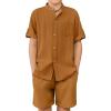 Arshiner Boy’s 2 Piece Beach Outfit Short Sleeve Textured Button Down Shirt and Short Sets Summer Vacation Wear 4-12 Years(Light Brown)
