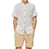 Arshiner Boy’s 2 Piece Beach Outfit Short Sleeve Textured Button Down Shirt and Short Sets Summer Vacation Wear 4-12 Years(White & Khaki Stripe)