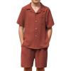 Arshiner Boys 2 Pieces Summer Beach Outfits Short Sleeve Button Down Shirts and Shorts Vacation Texture Sets for Kids(Rust)