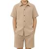 Arshiner Boy’s Summer Beach Outfits Textured Button Down Shirt and Short Sets Casual Vacation Clothes for 5-12 Years(Khaki)