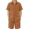 Arshiner Boy’s Summer Beach Outfits Textured Button Down Shirt and Short Sets Casual Vacation Clothes for 5-12 Years(Light Brown)