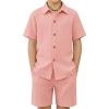 Arshiner Boy’s Summer Beach Outfits Textured Button Down Shirt and Short Sets Casual Vacation Clothes for 5-12 Years(Pink)