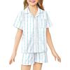 Arshiner Girls Pajamas Sets Short Sleeve Kids Pjs Button Down Sleepwear for 4-13Y(Blue Striped Bow)
