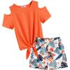 Arshiner Girls Short Sets 2 Pieces Outfits Short Sleeve Tie Knot T-Shirts and Casual Shorts With Pockets Cute Clothes Sets(Orange Floral Print)