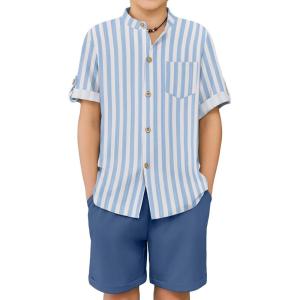 Arshiner Boy’s 2 Piece Beach Outfit Short Sleeve Textured Button Down Shirt and Short Sets Summer Vacation Wear 4-12 Years(Blue Stripe & Navy)