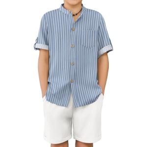 Arshiner Boy’s 2 Piece Beach Outfit Short Sleeve Textured Button Down Shirt and Short Sets Summer Vacation Wear 4-12 Years(Blue Stripe & White)