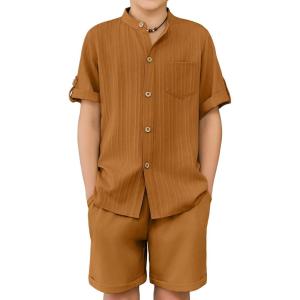 Arshiner Boy’s 2 Piece Beach Outfit Short Sleeve Textured Button Down Shirt and Short Sets Summer Vacation Wear 4-12 Years(Light Brown)
