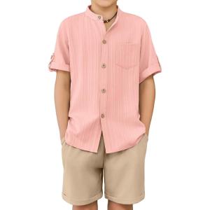 Arshiner Boy’s 2 Piece Beach Outfit Short Sleeve Textured Button Down Shirt and Short Sets Summer Vacation Wear 4-12 Years(Light Pink & Khaki)