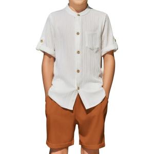 Arshiner Boy’s 2 Piece Beach Outfit Short Sleeve Textured Button Down Shirt and Short Sets Summer Vacation Wear 4-12 Years(White & Caramel)