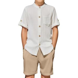Arshiner Boy’s 2 Piece Beach Outfit Short Sleeve Textured Button Down Shirt and Short Sets Summer Vacation Wear 4-12 Years(White & Khaki)
