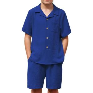 Arshiner Boys 2 Pieces Summer Beach Outfits Short Sleeve Button Down Shirts and Shorts Vacation Texture Sets for Kids(Royal Blue)