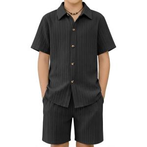 Arshiner Boy’s Summer Beach Outfits Textured Button Down Shirt and Short Sets Casual Vacation Clothes for 5-12 Years(Black)