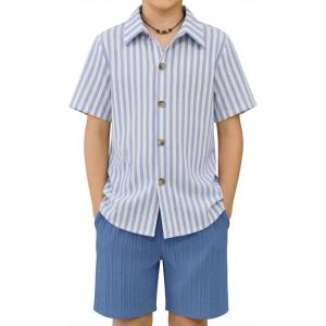 Arshiner Boy’s Summer Beach Outfits Textured Button Down Shirt and Short Sets Casual Vacation Clothes for 5-12 Years(Blue Stripe & Navy)