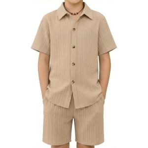 Arshiner Boy’s Summer Beach Outfits Textured Button Down Shirt and Short Sets Casual Vacation Clothes for 5-12 Years(Khaki)