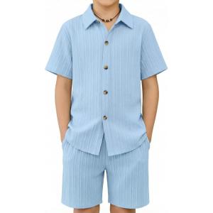 Arshiner Boy’s Summer Beach Outfits Textured Button Down Shirt and Short Sets Casual Vacation Clothes for 5-12 Years(Light Blue)
