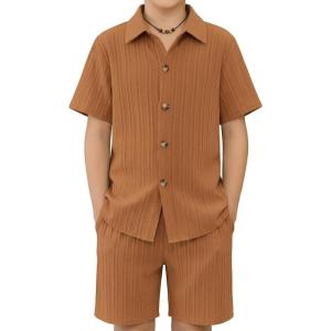 Arshiner Boy’s Summer Beach Outfits Textured Button Down Shirt and Short Sets Casual Vacation Clothes for 5-12 Years(Light Brown)
