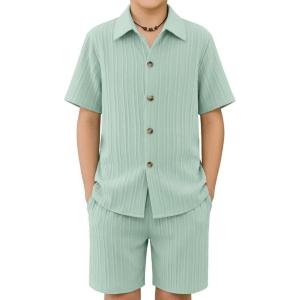 Arshiner Boy’s Summer Beach Outfits Textured Button Down Shirt and Short Sets Casual Vacation Clothes for 5-12 Years(Light Green)