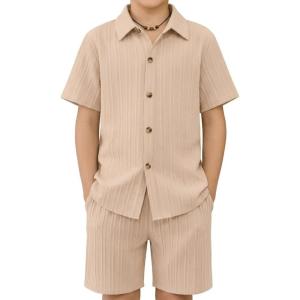 Arshiner Boy’s Summer Beach Outfits Textured Button Down Shirt and Short Sets Casual Vacation Clothes for 5-12 Years(Light Khaki)