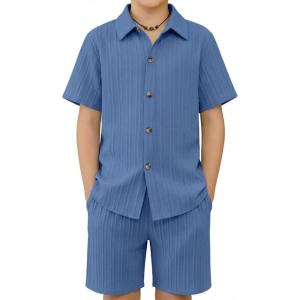 Arshiner Boy’s Summer Beach Outfits Textured Button Down Shirt and Short Sets Casual Vacation Clothes for 5-12 Years(Navy)