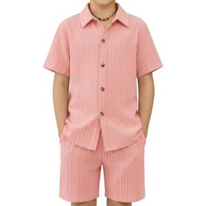 Arshiner Boy’s Summer Beach Outfits Textured Button Down Shirt and Short Sets Casual Vacation Clothes for 5-12 Years(Pink)