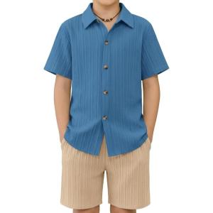 Arshiner Boy’s Summer Beach Outfits Textured Button Down Shirt and Short Sets Casual Vacation Clothes for 5-12 Years(Royal Blue & Khaki)