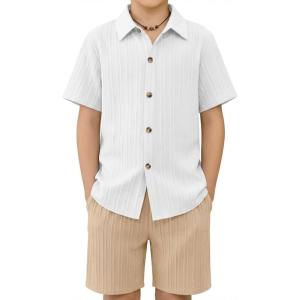 Arshiner Boy’s Summer Beach Outfits Textured Button Down Shirt and Short Sets Casual Vacation Clothes for 5-12 Years(White & Khaki)