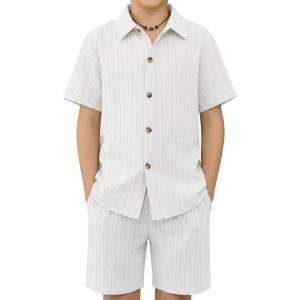Arshiner Boy’s Summer Beach Outfits Textured Button Down Shirt and Short Sets Casual Vacation Clothes for 5-12 Years(White)