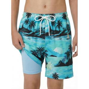 Arshiner Boy’s Swim Trunks with Compression Liner Kids Bathing Suit Beach Swimming Shorts 6-14 Years(Palm Tree – Green/Black)