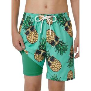 Arshiner Boy’s Swim Trunks with Compression Liner Kids Bathing Suit Beach Swimming Shorts 6-14 Years(Pineapple-green)