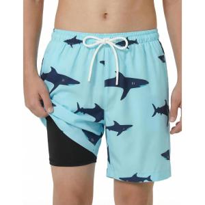 Arshiner Boy’s Swim Trunks with Compression Liner Kids Bathing Suit Beach Swimming Shorts 6-14 Years(Shadow Shark – Green)