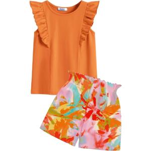 Arshiner Girls Clothes Summer Outfits Ruffle Sleeve Tops and Paperbag Waist Shorts with Pockets Kids Clothing Set(Orange Leaf)