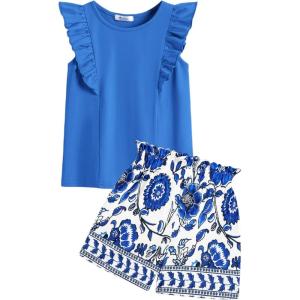 Arshiner Girls Clothes Summer Outfits Ruffle Sleeve Tops and Paperbag Waist Shorts with Pockets Kids Clothing Set(Royal Blue)