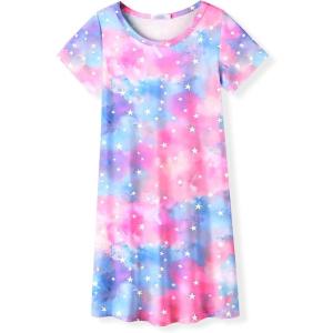 Arshiner Girls Nightgowns Summer Soft Cute Cartoon Print Pajama Sleep Dress for Kids 4-12 Years(Colorful Tie Dye)