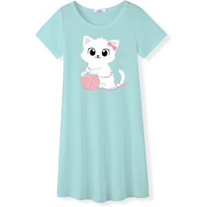 Arshiner Girls Nightgowns Summer Soft Cute Cartoon Print Pajama Sleep Dress for Kids 4-12 Years(Green Yarn Cat)