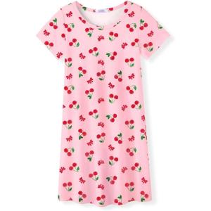 Arshiner Girls Nightgowns Summer Soft Cute Cartoon Print Pajama Sleep Dress for Kids 4-12 Years(Pink Cherry Bow)