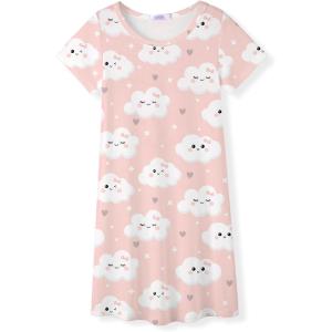 Arshiner Girls Nightgowns Summer Soft Cute Cartoon Print Pajama Sleep Dress for Kids 4-12 Years(Pink Clouds)