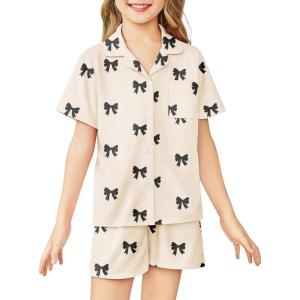 Arshiner Girls Pajamas Sets Short Sleeve Kids Pjs Button Down Sleepwear for 4-13Y(Black Bow)