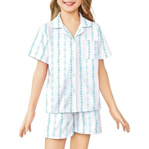 Arshiner Girls Pajamas Sets Short Sleeve Kids Pjs Button Down Sleepwear for 4-13Y(Blue Striped Bow)