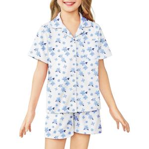 Arshiner Girls Pajamas Sets Short Sleeve Kids Pjs Button Down Sleepwear for 4-13Y(Small Blue Flowers)