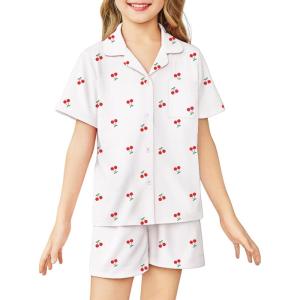 Arshiner Girls Pajamas Sets Short Sleeve Kids Pjs Button Down Sleepwear for 4-13Y(White Cherry)