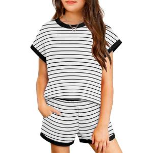 Arshiner Girls Summer 2 Piece Outfits Short Sleeve T Shirts Top and Shorts Clothing Sets with Pockets(Black and White Stripes)