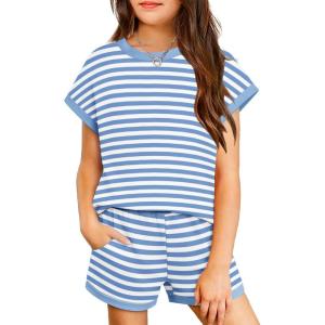 Arshiner Girls Summer 2 Piece Outfits Short Sleeve T Shirts Top and Shorts Clothing Sets with Pockets(Blue and White Stripes)