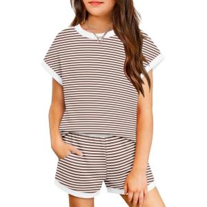 Arshiner Girls Summer 2 Piece Outfits Short Sleeve T Shirts Top and Shorts Clothing Sets with Pockets(Brown and White Stripes)