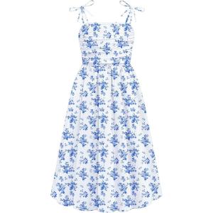 Arshiner Girls Summer Dress Maxi Spaghetti Strap Ruched Flowy Beach Boho Casual Teen Girl Sundress 6-14 Years(Blue Floral)