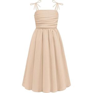 Arshiner Girls Summer Dress Maxi Spaghetti Strap Ruched Flowy Beach Boho Casual Teen Girl Sundress 6-14 Years(Champagne)