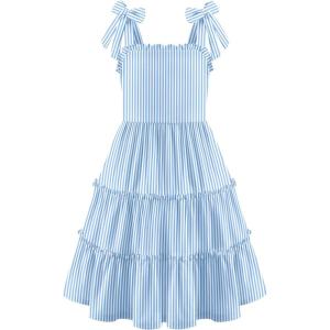 Arshiner Girls Summer Dress Tween Boho Casual Bowknot Strap Sleeveless Swing Flowy Ruffle Tiered Sundresses with Pockets(Blue&white Stripe)
